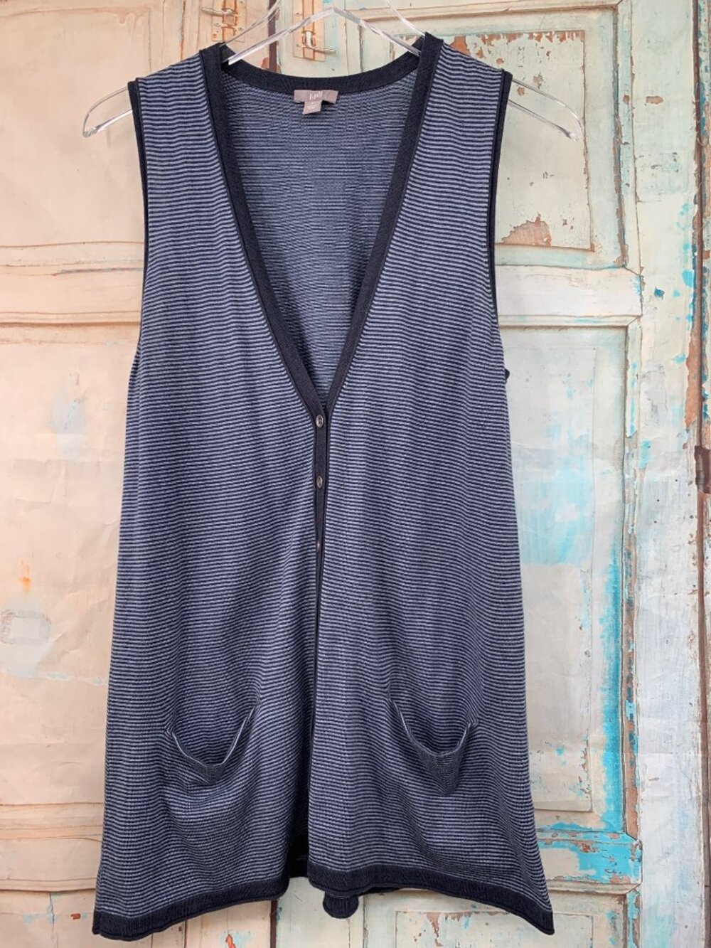 J.Jill Blue & Gray Striped Sleeveless Button-Front Tunic Vest With Pockets
